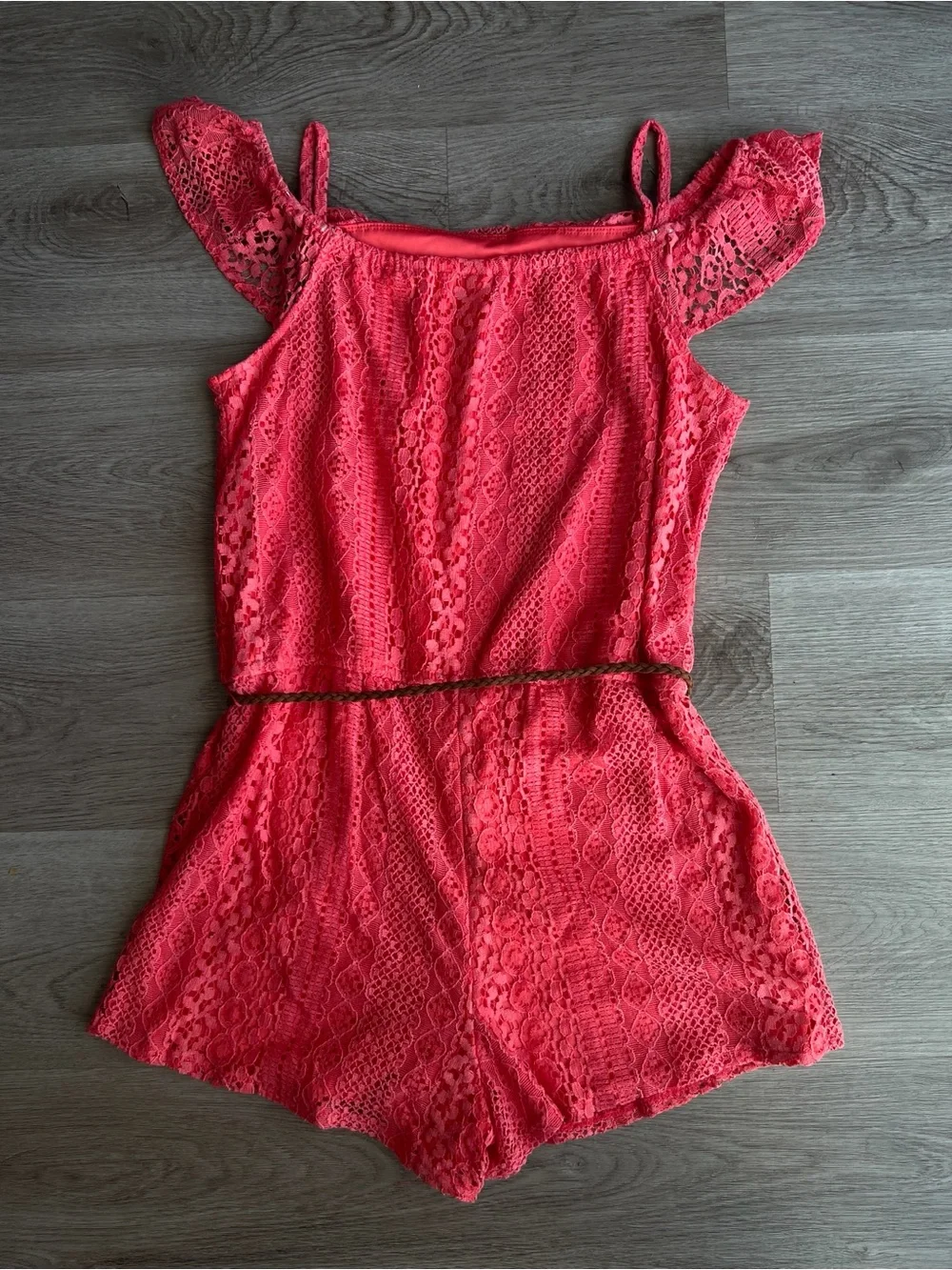 Justice Girls Ruffle Coral Lined Lace Belted Romper Size 20 Off Shoulder